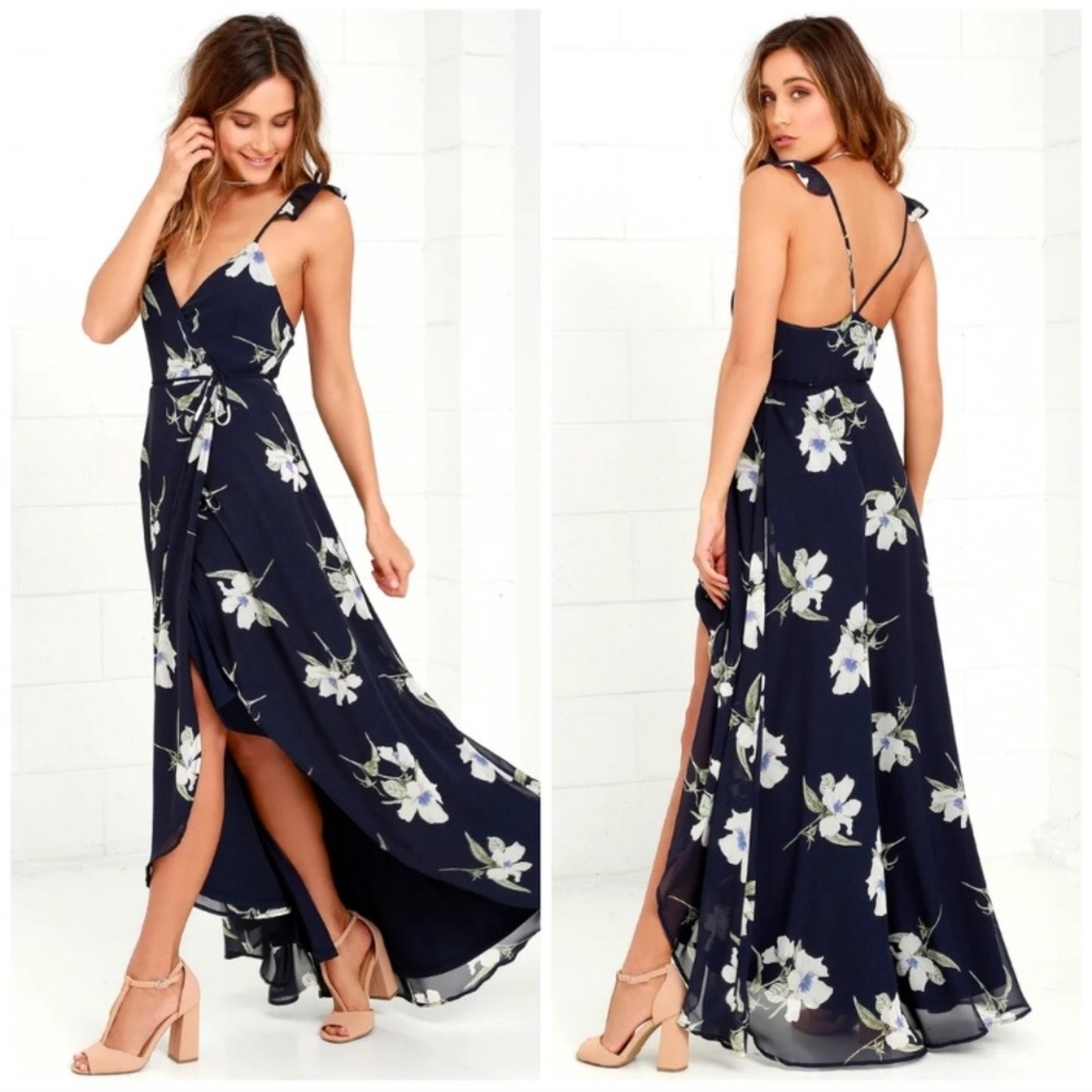 Lulu's All Mine Wrap Dress Navy Blue Floral XS